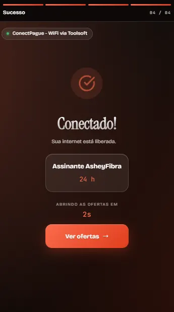 Portal cativo do AcheiWiFi: acesso liberado, com 24h de cortesia sinalizada para o assinante em dia