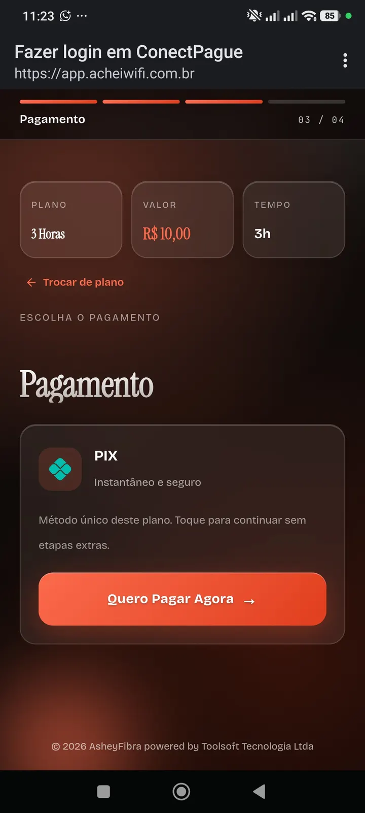 Portal cativo do AcheiWiFi: tela de pagamento via PIX, instantâneo e seguro, do plano escolhido